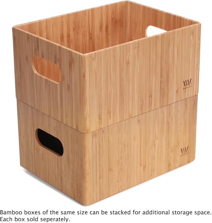 MobileVision Bamboo Storage Box Multi-Purpose Organizer for Kitchen Supplies Holder, Fruit Bin, Cabinets, Pantry with built in handles, stackable, 12” x 9” x 6” With White Clip Included