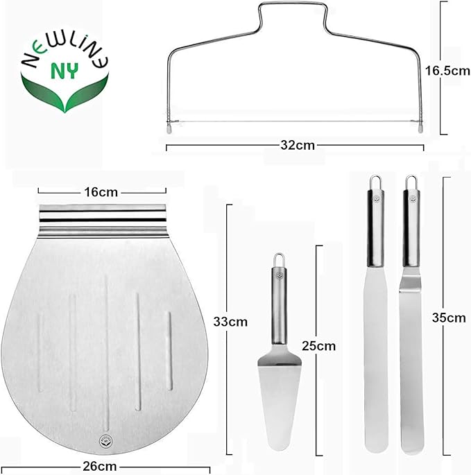 NEWLINE NY Stainless Steel Cake Customizing Decorating Serving 5pc set, Cake Server Lifter Slicer Straight & Offset Icing Frosting Spatulas