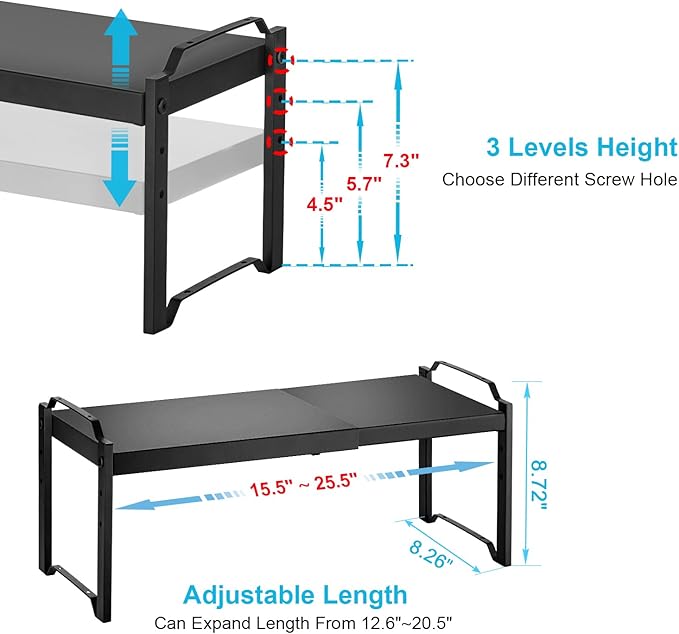 25.5 Inches 3 Pack Expandable Cabinet Shelves, Stackable Shelf Organizer for Kitchen Cabinet Countertop Storage, Adjustable Counter Cupboard Pantry Organizer Shelf Rack Stand Riser, Black
