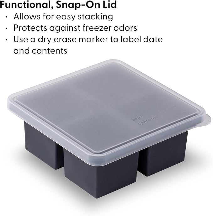 W&P Cup Cubes Silicone Freezer Tray with Lid, Charcoal, Makes 4 Perfect 1-Cup Portions, Freeze & Store Soup, Broth, Sauce, Leftovers, Dishwasher Safe, 4-Cup