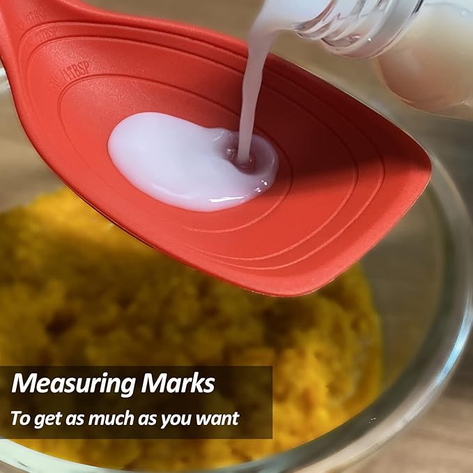 2 Pack Large Silicone Cooking Spoon, Non-Stick Slotted and Solid Spoon set with Deep Bolw and Measurement Mark for Mixing, Serving, Draining, Scooping, Scraping, Heat Resistant Kitchen Utensils, Red