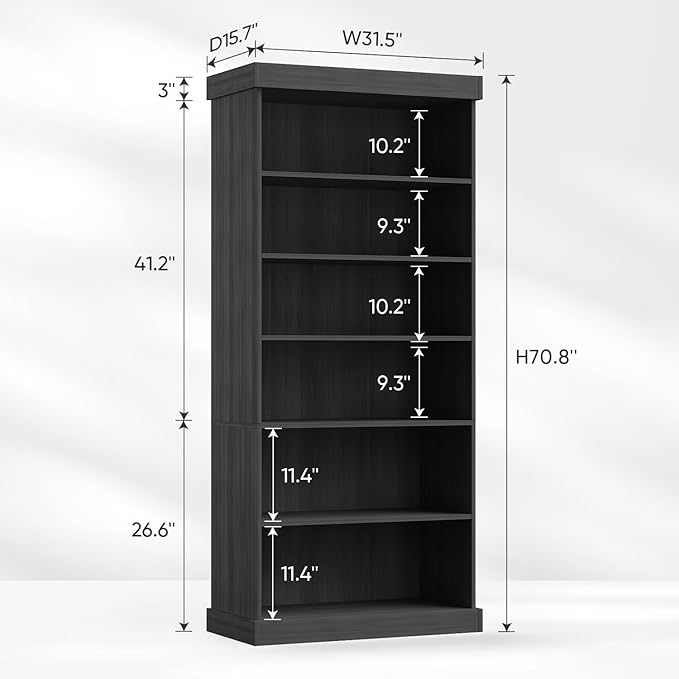 70.8" Tall Black Bookshelf, Farmhouse Modular Bookcase with 6-Tier Adjustable Shelves, Large Storage Cabinet for Home Office, Living Room, Set of 3