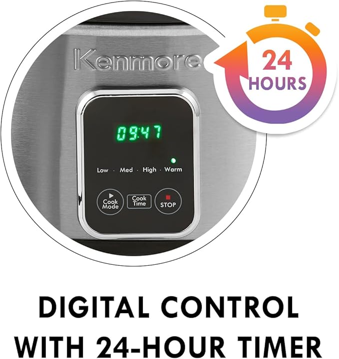 Kenmore 7 Quart Slow Cooker with Diper - Crock pot With Programmable Settings, Digital Controls, Large Capacity for Family Meals, Dishwasher-Safe Stoneware, Warm Rice & Sous Vide Stew