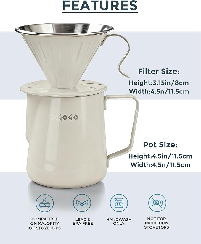 AGOGO Compact Portable Pour Over Coffee Maker Set - Easy Cleaning 304 Stainless Steel Dripper Set for Camping & 50 Filters Paper & Cleaning Rag (Cream, 600ml)