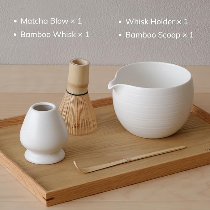 Matcha Whisk Set, Ceramic Matcha Bowl & Whisk Holder, Bamboo Accessory, Modern Design (White, Pouring Spout)