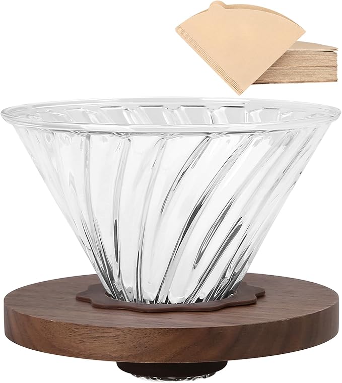 Pour Over Coffee Dripper with 100 pcs Size 02 Paper Filter, Walnut Handle and Borosilicate Glass, Glass Coffee Dripper, Hold for 1-4 Cups