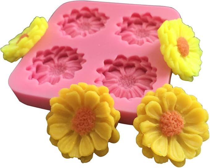 Chrysanthemum Daisy Flower Fondant Cake Silicone Mold, 4 Cavities Chocolate Candy Sugar Cupcake Cookies Mold Polymer Clay Resin Epoxy Mold Bakeware Pastry Tool