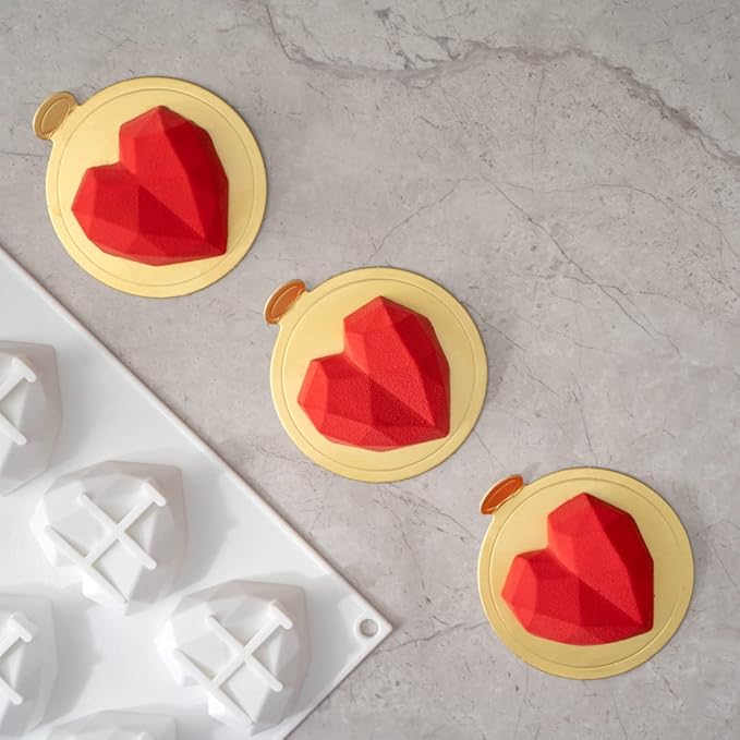 Pastry Tek 8 Cavities Diamond Heart Molds, 10 Oven-Ready Geometric Heart Molds - Flexible, Freezable, White Silicone Heart Baking Molds, Easy Release, For Baking - Restaurantware