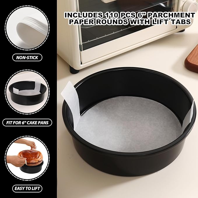 6 Inch Cake Pan Set of 3, Nonstick Round Cake Pans with 110 PCS Parchment Paper, Carbon Steel Smash Cake Baking Pans Tins, Dishwasher Safe