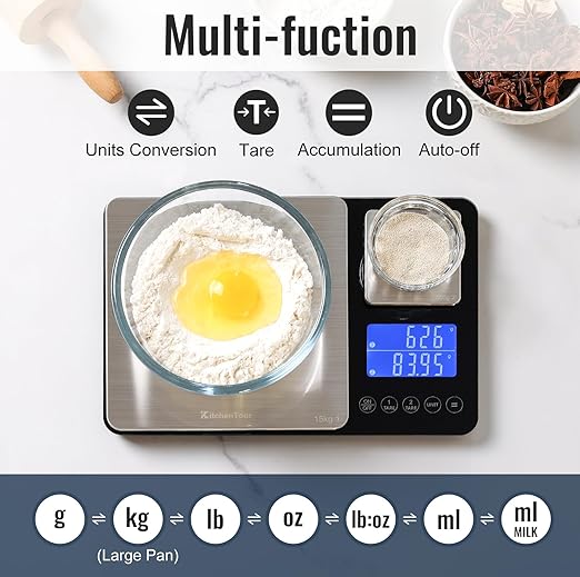 KitchenTour Dual Platform Digital Kitchen Scale with Total Weight Function - 500g/0.1g & 15kg/1g - Accurate for Cooking and Baking Black