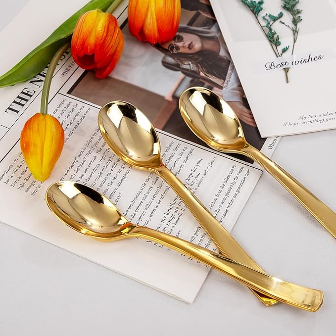 Liacere 360Pcs Plastic Spoons - 6.7 inch Heavy Duty Plastic Spoons-Heavyweight Gold Disposable Spoons-Gold Silverware for Halloween &Chrismas And Daily Using&Thanksgiving