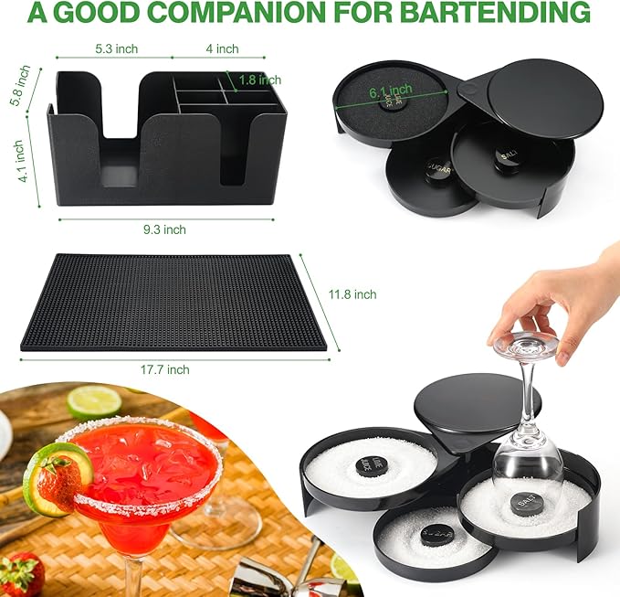 Bartending Supplies - 18" x 12" Bar Mat Garnish Tray with Lid Bar Caddy 3 Tier Bar Glass Rimmer, 2 Plastic Juice Pour Bottles 3 Mini Tongs 12 Classic Liquor Bottle Pourers 500 Cocktail Straws(Black)