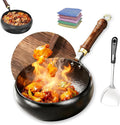 Jinswhdre Cast Iron Skillet, 9.5/11in Jinswhdre Japanese Irons Pan, Hand Forged Uncoated Iron Pan with Lid Spatula, Non-stick Wok for Cooker Gas Stir Fry Pans Durable and Rust-Free (Wooden Lid,10.2in)