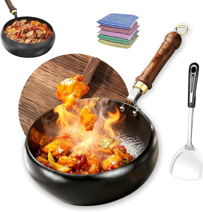 Jinswhdre Cast Iron Skillet, 9.5/11in Jinswhdre Japanese Irons Pan, Hand Forged Uncoated Iron Pan with Lid Spatula, Non-stick Wok for Cooker Gas Stir Fry Pans Durable and Rust-Free (Wooden Lid,10.2in)