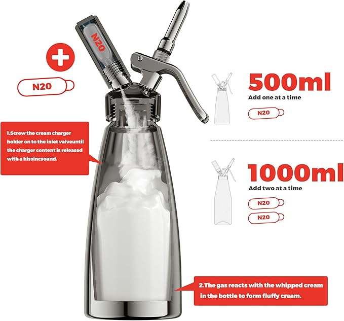 Professional Aluminum Whipped Cream Dispenser - 1000 mL/2 Pint,Leak-Free Whipped Cream Maker Canister with 8 Decorating Nozzles & Cleaning Brush - N2O Chargers (Not Included) (Silver, 1000ml)