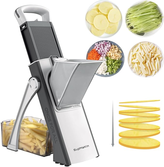 SupMaKin Upgrade Safe Mandoline Slicer, Multi Vegetable Chopper, Potato Slicer, Vegetables Slicer Onion Chopper Fry Cutter, Kitchen Chopping Artifact (GrayWhite)