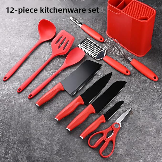 12-Piece Silicone Kitchen Utensil Set with Stainless Steel Knives – Heat-Resistant Spatula, Spoon, Peeler, Non-Scratch Cooking Tools for Baking, Frying & Grilling (Khaki)