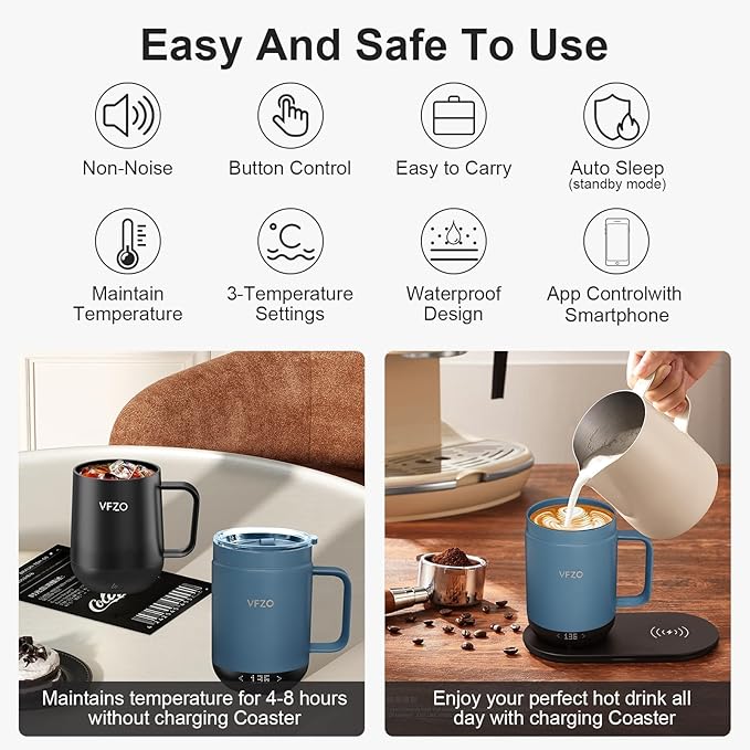 16Oz Temperature Control Smart Mug, Self Heating Coffee Mug LED Display, 180 Min Battery Life - Hot up to 149℉ Fast Wireless Charger Base Improved Design coffee serving sets mug(16oz, Slate Blue)