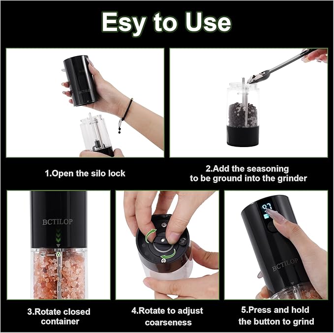 2Pack Electric Salt and Pepper Grinder Set with Power Display, USB Rechargeable Automatic Salt & Pepper Mills, Adjustable Coarseness, 120ml Larger Capacity with LED Light (Black Set)