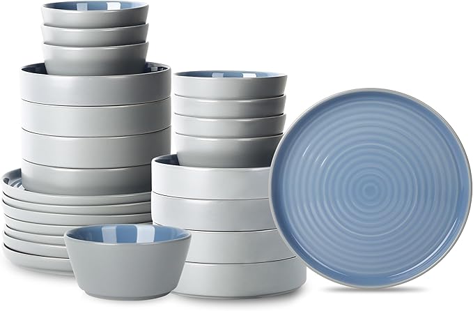Stone Lain Elica 24-Piece Modern Dinnerware Set Stoneware, Plates and Bowl Sets for 8, Blue and Grey
