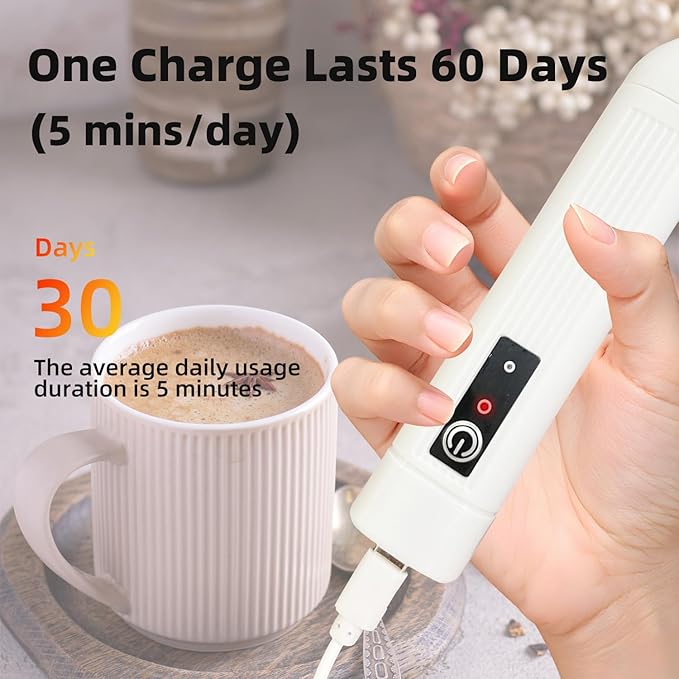 Rechargeable Milk Frother Handheld, 3 Speeds Electric Coffee Mixer Wand with Stainless Steel Whisk for Hot Chocolate, Eggs, Latte, Cappuccino (White)