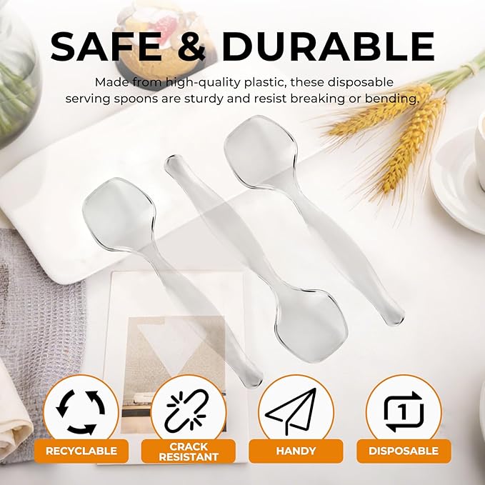18 Count Disposable Clear Plastic Serving Spoons for Buffet, Large Serving Spoons Heavy Duty Disposable Serving Utensils for Catering Wedding Holiday Party Events (Clear, 18pcs spoons)