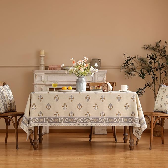 patdrea Designer Beige Tablecloth for Rectangle Table,Elegant Linen Floral Pattern French Table Cloth,Decor Cover Cloth for Kitchen Dining Christmas,Thanksgiving,Party,55"x87"-Istana a