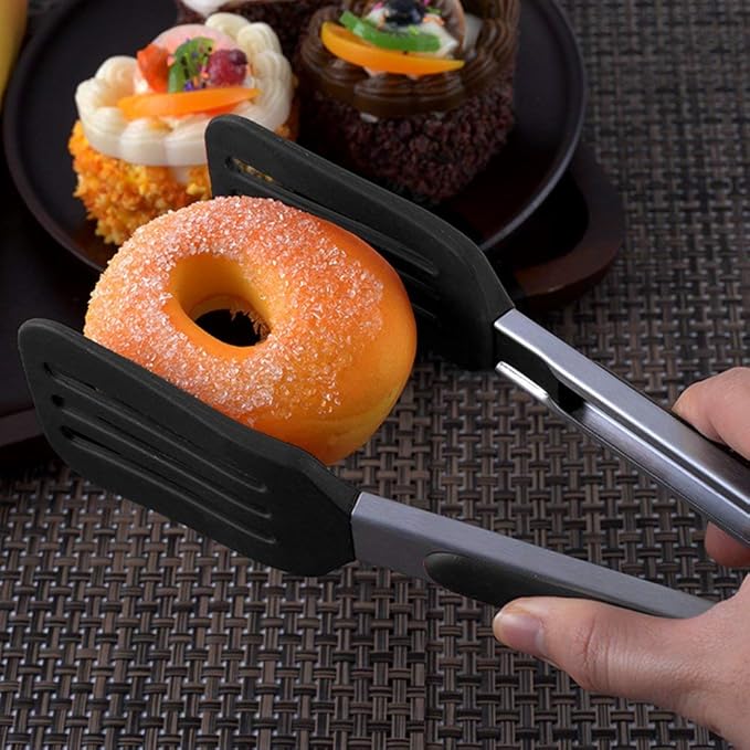 12 Inch Stainless Steel Silicone Serving Tongs with Locking Handle (Black)
