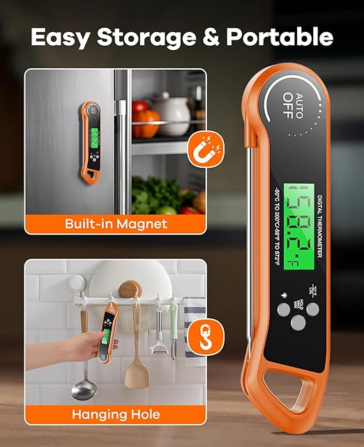Meat Thermometer Digital, Instant Read Thermometer with Backlight, Calibration & Hold Function, Waterproof Food Thermometer for Kitchen and Outside, BBQ, Turkey, Candy, Liquids, Beef (Orange)