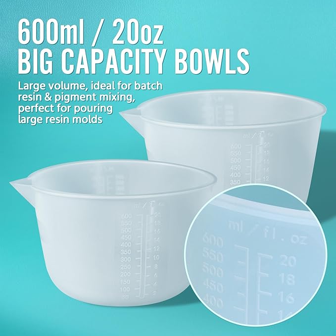 Silicone Resin Mixing Measuring Bowls 2Pcs 600ml/20oz for Resin Supplies, Thickened Reusable Silicone Bowl Cups for Epoxy Mixing, with Stir Sticks, Jewelry Making