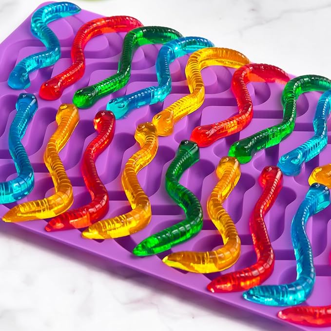 Large Gummy Bear and Worm Molds Silicone, Food-Grade Non-Stick Candy Molds Fruit Snacks Molds BPA Free with 2 Droppers & 1 Cleaning Brush, Set of 4