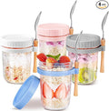 Glass Overnight Oats Containers with Lids and Spoon, 16oz Wide Mouth Mason Jars for Overnight Oats, Cereal, Yogurt, Salad Lunch Container with Measurement Marks - MultiColor 4 Pack