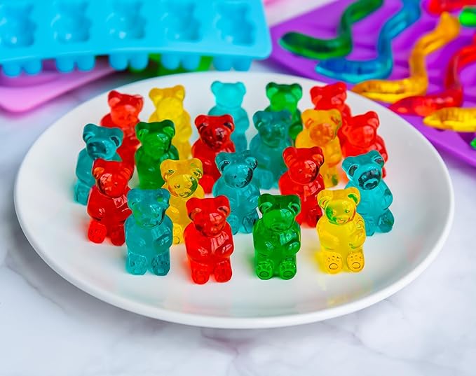 Large Gummy Bear and Worm Molds Silicone, Food-Grade Non-Stick Candy Molds Fruit Snacks Molds BPA Free with 2 Droppers & 1 Cleaning Brush, Set of 4