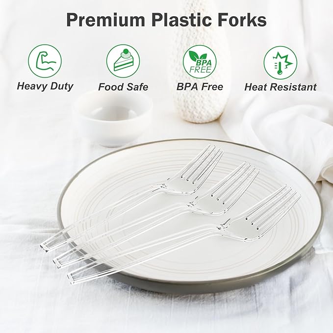 300 Count Extra Heavy Duty Clear Plastic Forks Disposable, BPA-Free, Heat Resistant, Solid and Durable Disposable Forks Bulk, Premium Plastic Forks heavy duty for Party Supply
