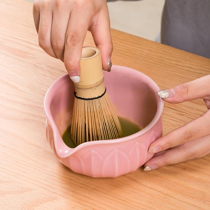 Matcha Whisk Set - 7pcs Japanese Tea Ceremony Kit with Spouted Bowl & Bamboo Whisk, Matcha Starter Kit for Beginners - Authentic Green Tea Accessories, Gift Set for Lovers-Pink