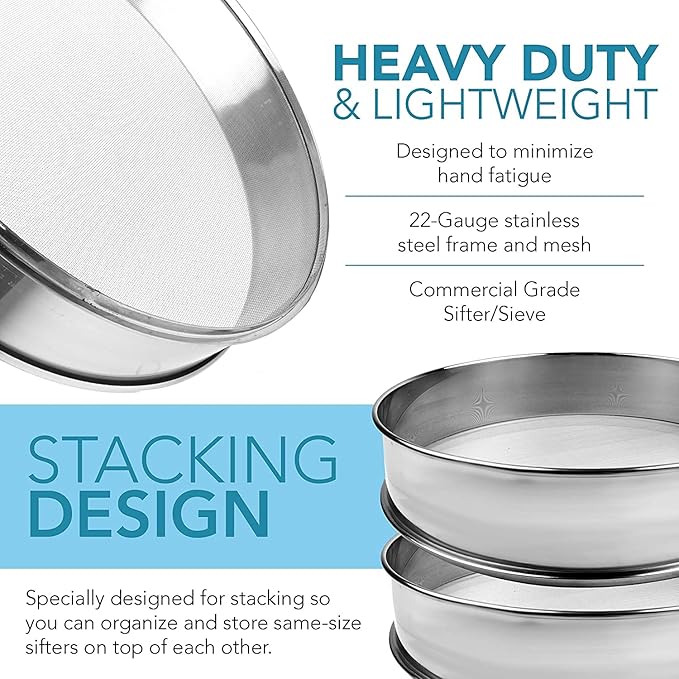Stainless Steel Flour Sifter Fine Mesh Round Flour Sieve for Baking 12" Diameter x 2.5" High; 20 Mesh (Hole Size 0.85mm)