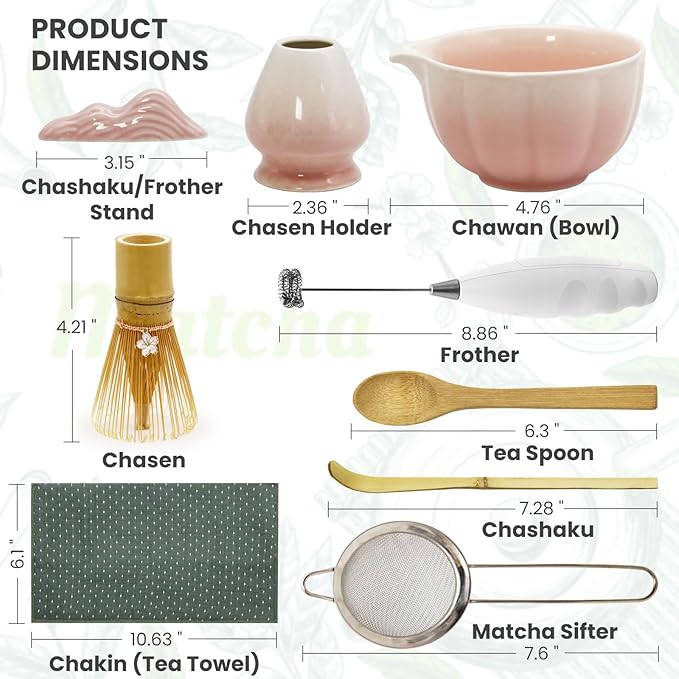 Matcha Whisk Set Incl. Ceramic Bowl With Spout, Whisk (Chasen), Stand, Bamboo Scoop, Sifter, Electric Frother, Tea Towel etc. 9 Pcs Matcha Making Starter Kit, White&Pink