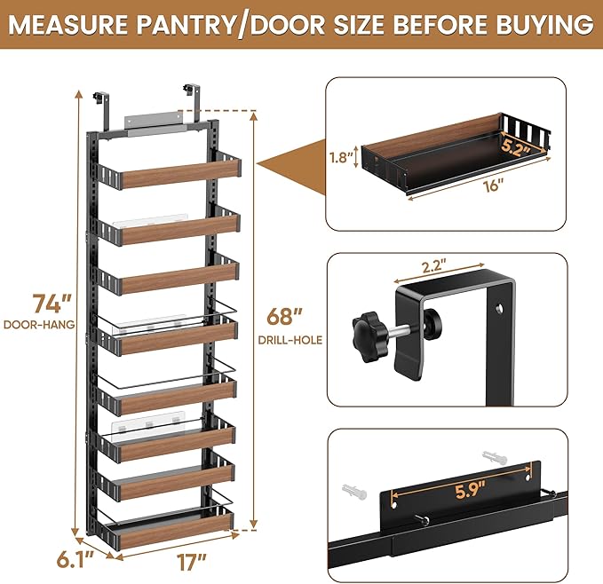 8 Tier Over The Door Pantry Organizer, 2 IN 1 Wall Mount or Hanging Spice Rack Seasoning Shelves with Adjustable Basket, Back of Door Organizer and Storage for Kitchen Cabinet and Room Closet