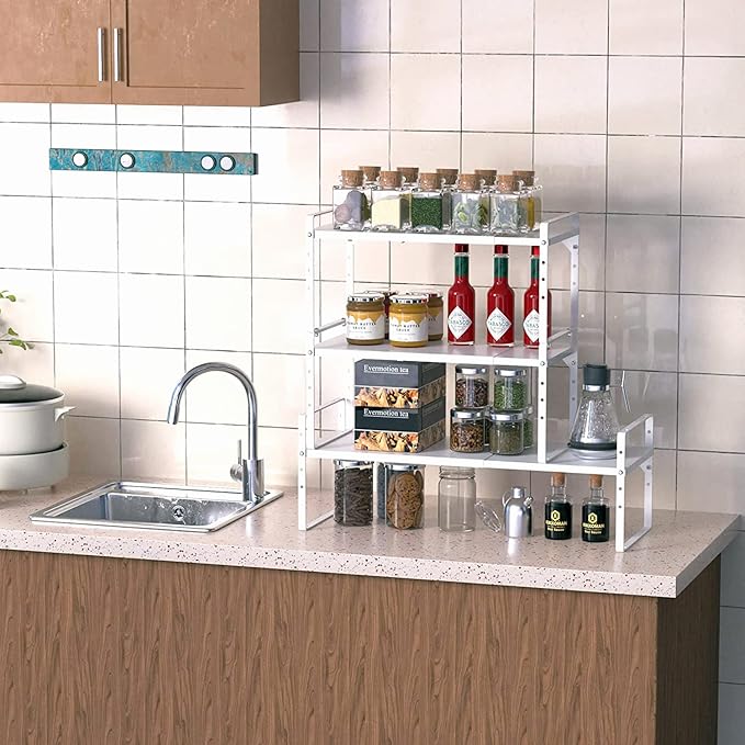Expandable Kitchen Cabinet Shelf Organizers 3 Pack, Stackable Metal Pantry Storage Shelves Rack, Adjustable Counter Shelf for Cabinets, Countertop, Cupboard Organizers and Storage, White