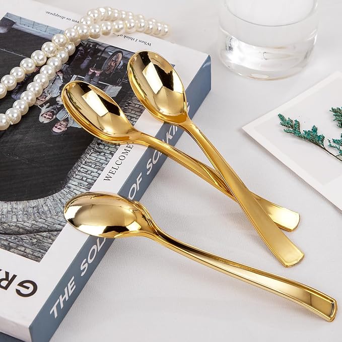 Liacere 360Pcs Plastic Spoons - 6.7 inch Heavy Duty Plastic Spoons-Heavyweight Gold Disposable Spoons-Gold Silverware for Halloween &Chrismas And Daily Using&Thanksgiving