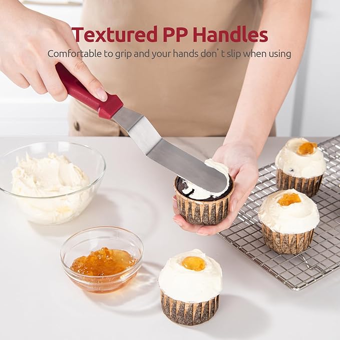 Icing Spatula, U-Taste Offset Spatula Set with 6", 8", 10" Blade, 18/0 Stainless Steel with PP Plastic Handle Angled Cake Decorating Frosting Spatula Set of 3 (Red)
