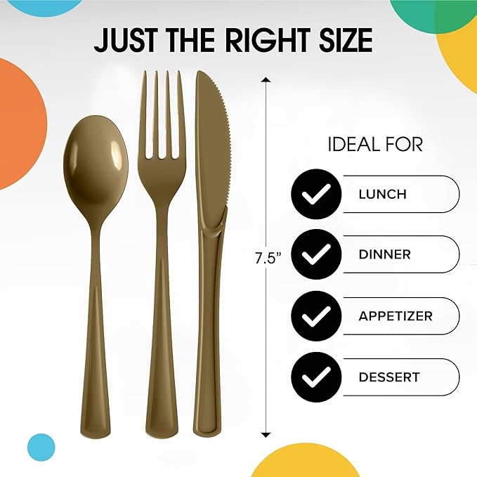 Party Solids Gold Plastic Silverware Heavy Duty 150 Pieces Gold Plastic Cutlery Sets, Utensil Sets, 50 Of Each Forks, Knives & Spoons Disposable Cutlery Set, Flatware Set For Party Supplies