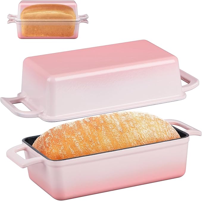 P&P CHEF 2 In 1 Enameled Cast Iron Loaf Pan with Lid, 9 x 5 Inch Bread Loaf Pans for Baking Homemade Sourdough Bread, Meatloaf, Toast, Cake, Nonstick & Healthy & Sturdy, 2 Piece Set - Pink