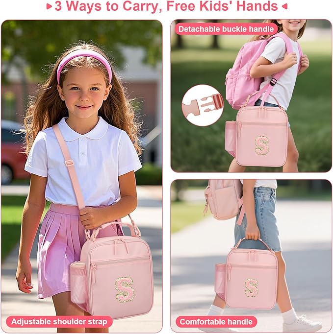 Initial Insulated Lunch Bag for Girls Kids, Back to School Gift, Reusable Leak-proof Lunch Box with Adjustable Strap for School Daycare Travel Picnic (Pink,S)