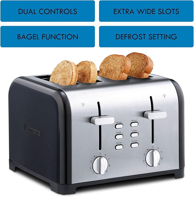 Kenmore toaster 4 slice - extra wide slot countertop kitchen appliance, defrost function, tostador de pan, 9 shade settings, compact design, easy clean crumb tray, bread bagel, stainless steel & black