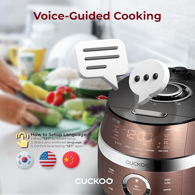CUCKOO High Pressure Rice Cooker 10-Cup Uncooked / 20-Cup Cooked with Induction Heating Technology, Large Rice Maker with 16 Menu Options and Steam Plate, Voice Guide, Copper (CRP-JHR1009F)