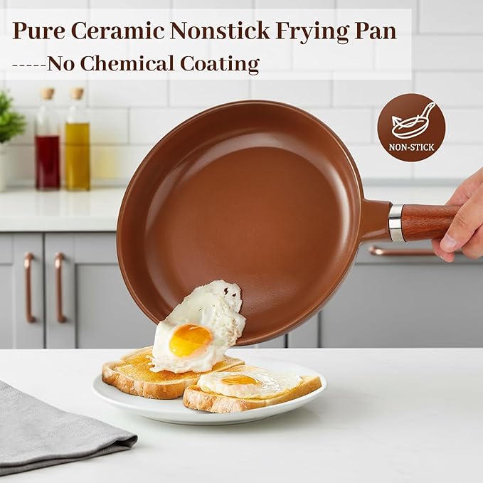 Pure Ceramic Frying Pan, Nonstick 10 Inch Ceramic Skillet (Crafted From Natural Clay Minerals Through Firing), PFAS-Free, Non Toxic/No Coatings Cooking Pan, Induction Pan (Brown)