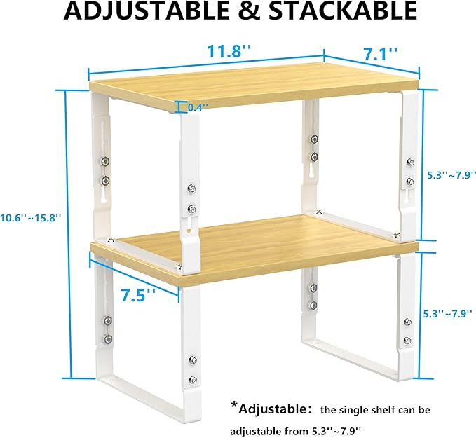 Kitchen Cabinet Organization Shelf，Set of 2 Height Adjustable Storage Racks，Stackable，Expandable，Countertop Shelves Organizer，Pantry Shelving（2PACKS/Medium/White