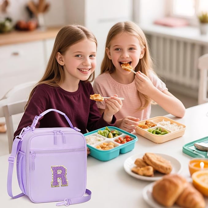 Initial Insulated Lunch Bag for Girls Kids, Back to School Gift, Reusable Leak-proof Lunch Box with Adjustable Strap for School Daycare Travel Picnic (Purple,R)