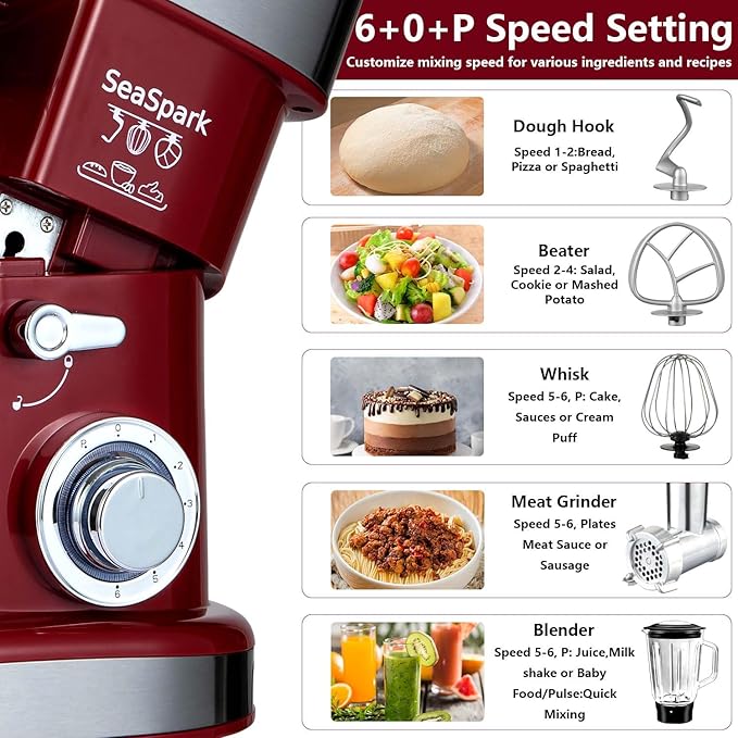 Multifunctional Stand Mixer 6.3Qt 6-Speed Tilt-head, Electric Kitchen Mixer with Stainless Steel Bowl,Meat Grinder, Juice Blender (Red)